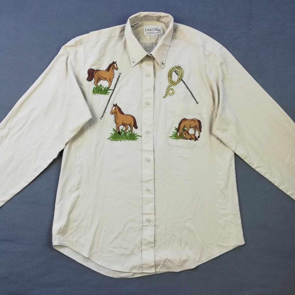 Vtg Las Olas Womens Shirt Western Horse Embroidered‎ Tan Button Up Jeweled S